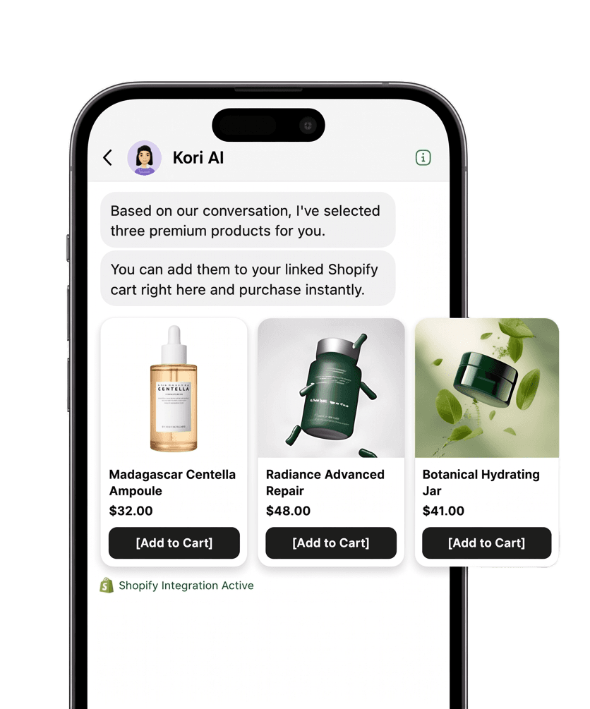 Kori AI chatting with a shopper inside a Shopify store, recommending products with one-tap add-to-cart